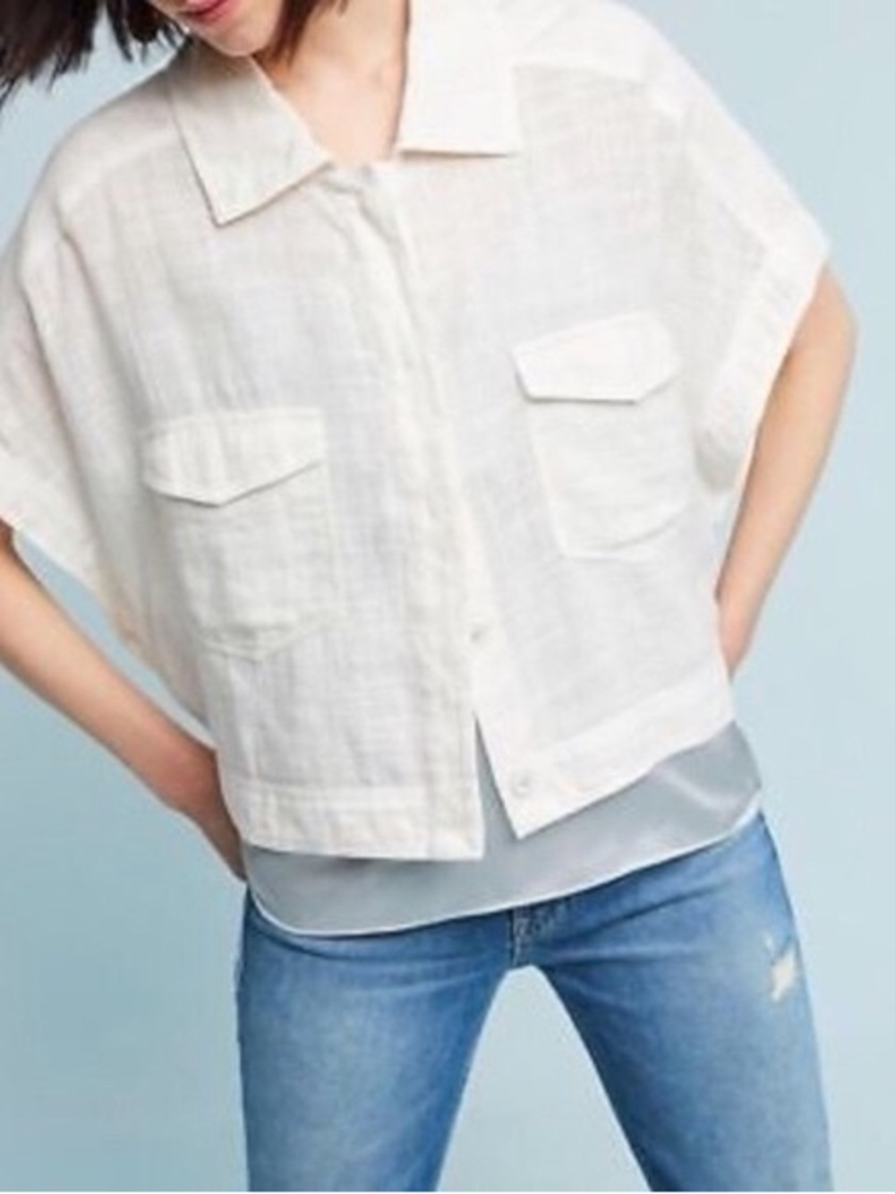 Cartonnier Cream Boxy Short-Sleeve Crop Shirt Jacket